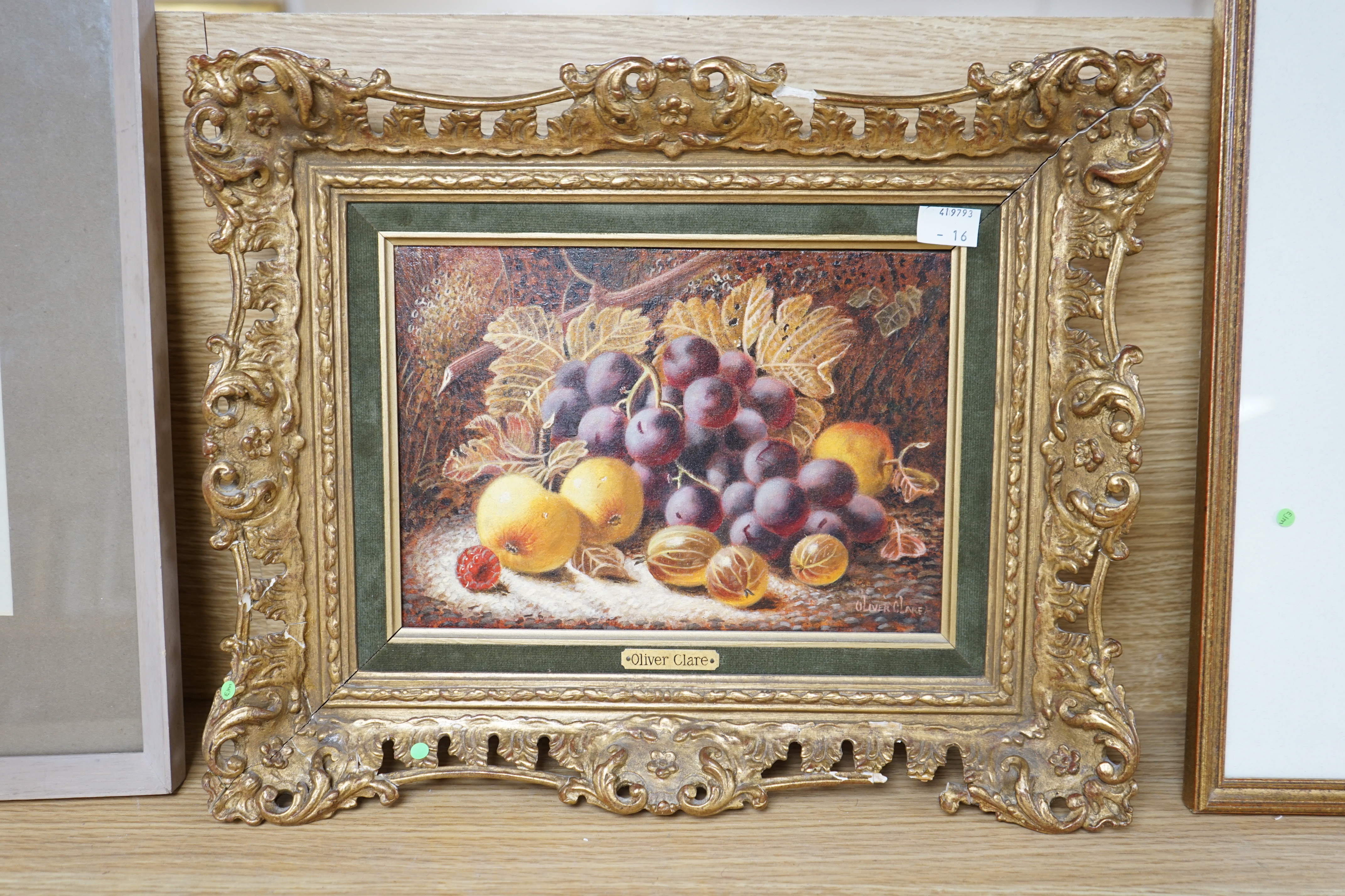 Oliver Clare (1853-1927), oil on canvas, 'Still life with grapes, apples and gooseberries', signed, ornate gilt framed, 17 x 24cms